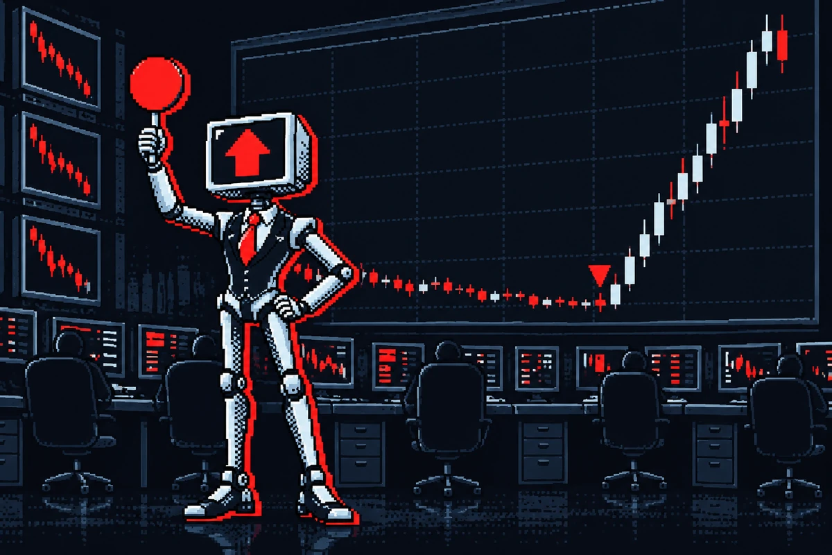 The robot holding his paddle up while the chart behind him goes vertical right after his sell marker