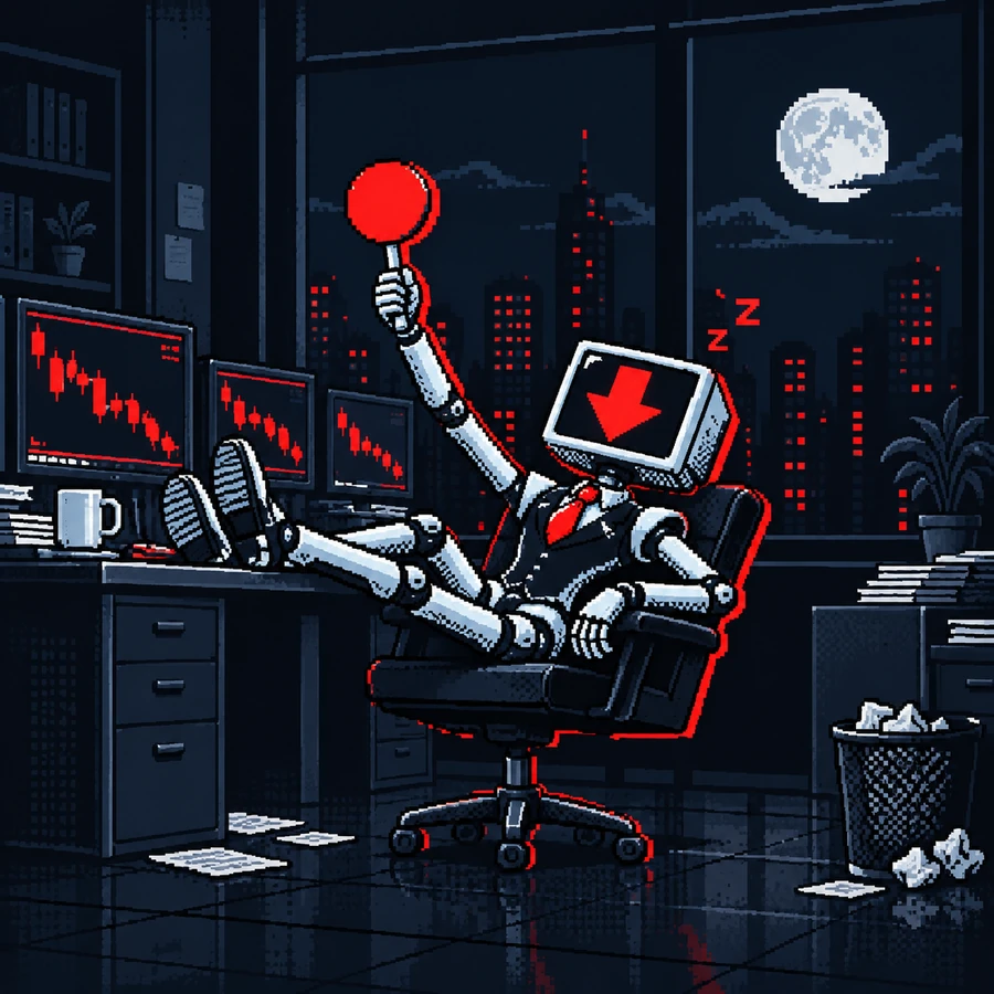 The robot asleep in his office chair at night, paddle still raised